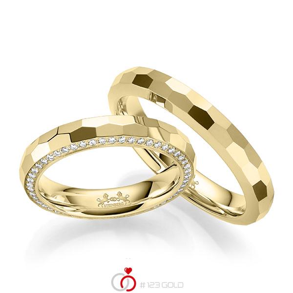 Paar klassische Memoire-Trauringe/Eheringe in Gelbgold 585 vollausgefasst mit zus. 0,53 ct. Brillant tw, si von Steinberg - Q-1683-1 Paar klassische Memoire-Trauringe/Eheringe in Gelbgold 585 vollausgefasst mit zus. 0,53 ct. Brillant tw, si von Steinberg - Q-1683-1