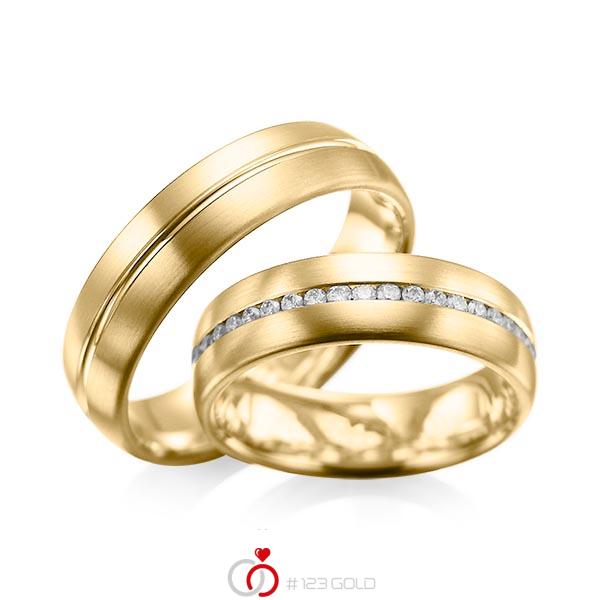 Paar klassische Memoire-Trauringe/Eheringe in Gelbgold 585 vollausgefasst mit zus. 0,615 ct. Brillant tw, si von acredo - A-1031-9 Paar klassische Memoire-Trauringe/Eheringe in Gelbgold 585 vollausgefasst mit zus. 0,615 ct. Brillant tw, si von acredo - A-1031-9