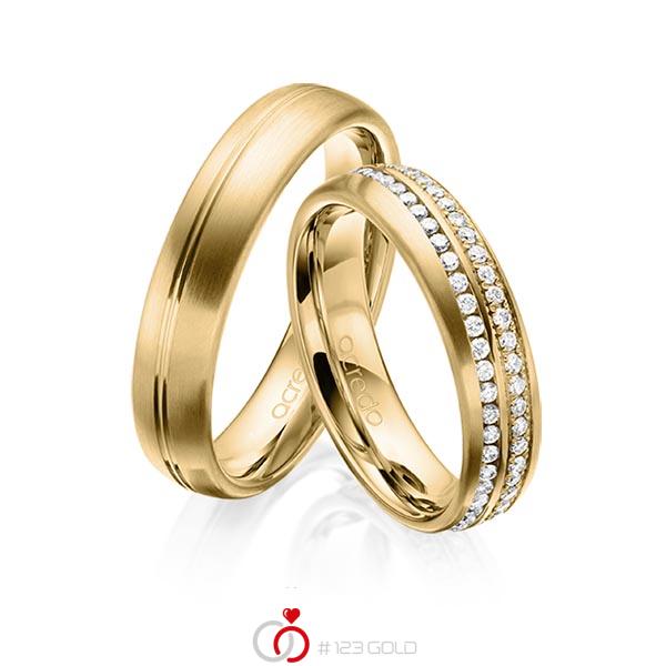Paar klassische Memoire-Trauringe/Eheringe in Gelbgold 585 vollausgefasst mit zus. 0,784 ct. Brillant tw, si von acredo - A-1630-6 Paar klassische Memoire-Trauringe/Eheringe in Gelbgold 585 vollausgefasst mit zus. 0,784 ct. Brillant tw, si von acredo - A-1630-6