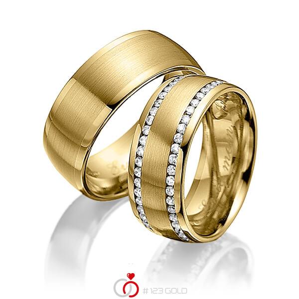 Paar klassische Memoire-Trauringe/Eheringe in Gelbgold 585 vollausgefasst mit zus. 0,94 ct. Brillant tw, si von Steinberg - Q-1229-5 Paar klassische Memoire-Trauringe/Eheringe in Gelbgold 585 vollausgefasst mit zus. 0,94 ct. Brillant tw, si von Steinberg - Q-1229-5