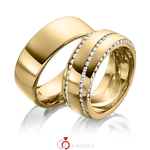 Paar klassische Memoire-Trauringe/Eheringe in Gelbgold 585 vollausgefasst mit zus. 1,31 ct. Brillant tw, si von Steinberg - Q-1168-3 Paar klassische Memoire-Trauringe/Eheringe in Gelbgold 585 vollausgefasst mit zus. 1,31 ct. Brillant tw, si von Steinberg - Q-1168-3