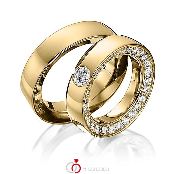 Paar klassische Memoire-Trauringe/Eheringe in Gelbgold 750 vollausgefasst mit 0,5 ct. + zus. 0,93 ct. Brillant tw, vs von 123gold - Y-1268-1 Paar klassische Memoire-Trauringe/Eheringe in Gelbgold 750 vollausgefasst mit 0,5 ct. + zus. 0,93 ct. Brillant tw, vs von 123gold - Y-1268-1