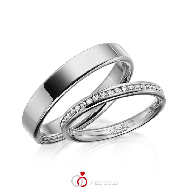 Paar klassische Memoire-Trauringe/Eheringe in Graugold 585 halbausgefasst mit zus. 0,14 ct. Brillant tw, si von Steinberg - Q-1632-5 Paar klassische Memoire-Trauringe/Eheringe in Graugold 585 halbausgefasst mit zus. 0,14 ct. Brillant tw, si von Steinberg - Q-1632-5