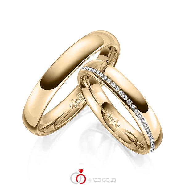 Paar klassische Memoire-Trauringe/Eheringe in Roségold 585 halbausgefasst mit zus. 0,145 ct. Brillant tw, si von Steinberg - Q-1633-4 Paar klassische Memoire-Trauringe/Eheringe in Roségold 585 halbausgefasst mit zus. 0,145 ct. Brillant tw, si von Steinberg - Q-1633-4