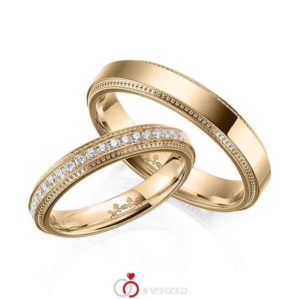Paar klassische Memoire-Trauringe/Eheringe in Roségold 585 halbausgefasst mit zus. 0,22 ct. Brillant tw, si von Steinberg - Q-1640-3 Paar klassische Memoire-Trauringe/Eheringe in Roségold 585 halbausgefasst mit zus. 0,22 ct. Brillant tw, si von Steinberg - Q-1640-3