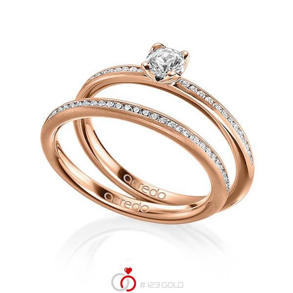Paar klassische Memoire-Trauringe/Eheringe in Rotgold 585 halbausgefasst mit 0,3 ct. + zus. 0,28 ct. Brillant tw, si von acredo - A-1599-4 Paar klassische Memoire-Trauringe/Eheringe in Rotgold 585 halbausgefasst mit 0,3 ct. + zus. 0,28 ct. Brillant tw, si von acredo - A-1599-4