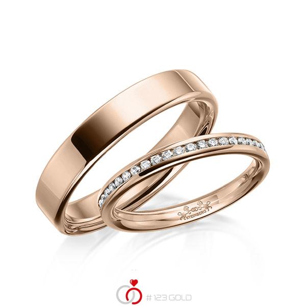Paar klassische Memoire-Trauringe/Eheringe in Rotgold 585 halbausgefasst mit zus. 0,14 ct. Brillant tw, si von Steinberg - Q-1632-3 Paar klassische Memoire-Trauringe/Eheringe in Rotgold 585 halbausgefasst mit zus. 0,14 ct. Brillant tw, si von Steinberg - Q-1632-3