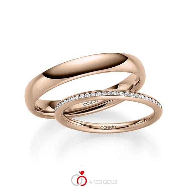 Paar klassische Memoire-Trauringe/Eheringe in Rotgold 585 halbausgefasst mit zus. 0,15 ct. Brillant tw, si von acredo - A-1598-4 Paar klassische Memoire-Trauringe/Eheringe in Rotgold 585 halbausgefasst mit zus. 0,15 ct. Brillant tw, si von acredo - A-1598-4