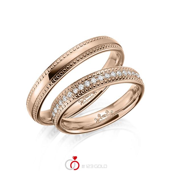 Paar klassische Memoire-Trauringe/Eheringe in Rotgold 585 halbausgefasst mit zus. 0,21 ct. Brillant tw, si von Steinberg - Q-1639-7 Paar klassische Memoire-Trauringe/Eheringe in Rotgold 585 halbausgefasst mit zus. 0,21 ct. Brillant tw, si von Steinberg - Q-1639-7