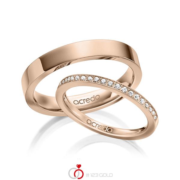 Paar klassische Memoire-Trauringe/Eheringe in Rotgold 585 halbausgefasst mit zus. 0,22 ct. Brillant tw, si von acredo - A-1597-5 Paar klassische Memoire-Trauringe/Eheringe in Rotgold 585 halbausgefasst mit zus. 0,22 ct. Brillant tw, si von acredo - A-1597-5