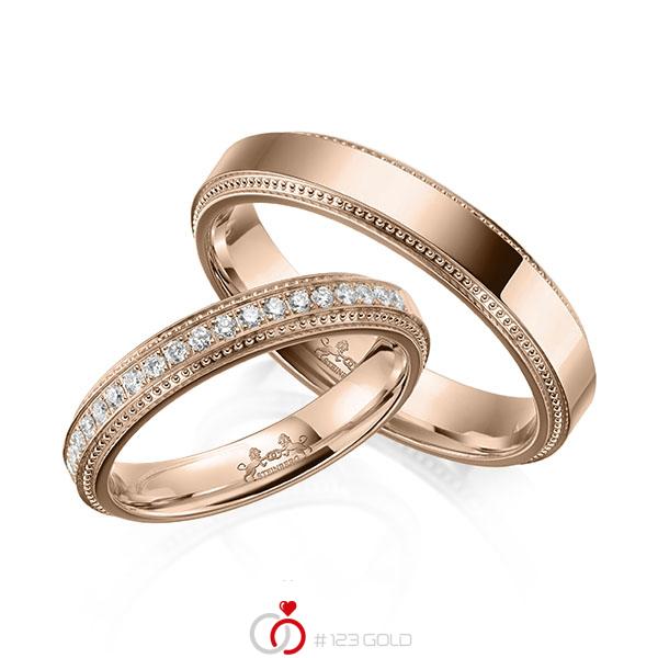 Paar klassische Memoire-Trauringe/Eheringe in Rotgold 585 halbausgefasst mit zus. 0,22 ct. Brillant tw, si von Steinberg - Q-1640-4 Paar klassische Memoire-Trauringe/Eheringe in Rotgold 585 halbausgefasst mit zus. 0,22 ct. Brillant tw, si von Steinberg - Q-1640-4