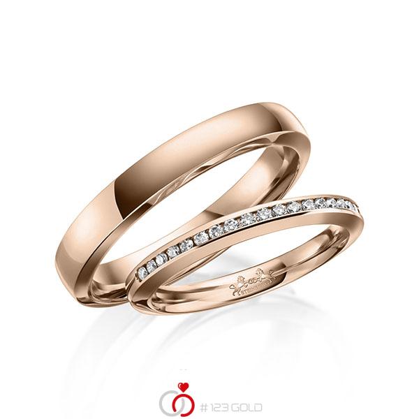 Paar klassische Memoire-Trauringe/Eheringe in Rotgold 585 halbausgefasst mit zus. 0,23 ct. Brillant tw, si von Steinberg - Q-1635-3 Paar klassische Memoire-Trauringe/Eheringe in Rotgold 585 halbausgefasst mit zus. 0,23 ct. Brillant tw, si von Steinberg - Q-1635-3