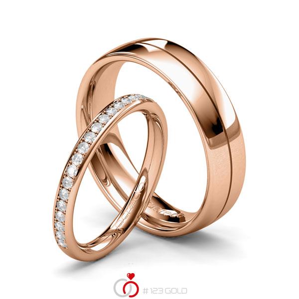 Paar klassische Memoire-Trauringe/Eheringe in Rotgold 585 halbausgefasst mit zus. 0,3 ct. Brillant tw, si von acredo - A-1687-3 Paar klassische Memoire-Trauringe/Eheringe in Rotgold 585 halbausgefasst mit zus. 0,3 ct. Brillant tw, si von acredo - A-1687-3