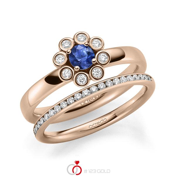 Paar klassische Memoire-Trauringe/Eheringe in Rotgold 585 halbausgefasst mit zus. 0,59 ct. Brillant tw, si Saphir Blau (A 10) von acredo - A-2204-2 Paar klassische Memoire-Trauringe/Eheringe in Rotgold 585 halbausgefasst mit zus. 0,59 ct. Brillant tw, si Saphir Blau (A 10) von acredo - A-2204-2