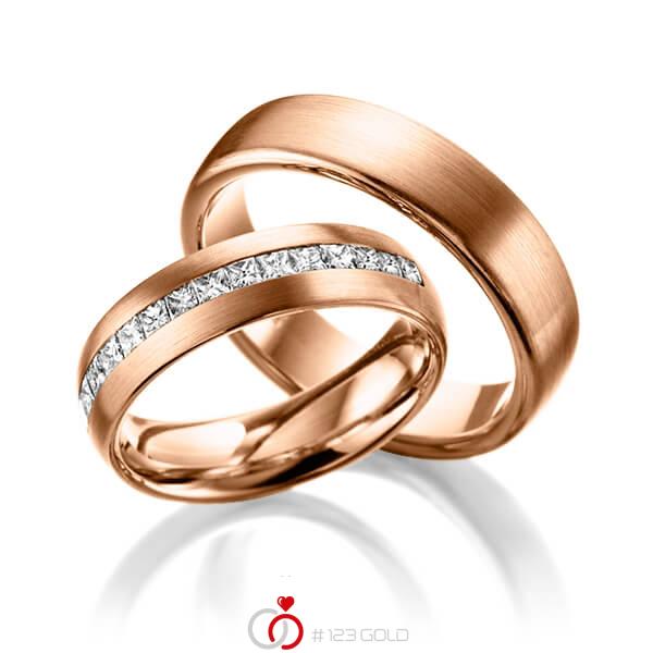 Paar klassische Memoire-Trauringe/Eheringe in Rotgold 585 halbausgefasst mit zus. 0,68 ct. Prinzess-Diamant tw, si von Steinberg - Q-1221-6 Paar klassische Memoire-Trauringe/Eheringe in Rotgold 585 halbausgefasst mit zus. 0,68 ct. Prinzess-Diamant tw, si von Steinberg - Q-1221-6