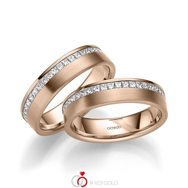 Paar klassische Memoire-Trauringe/Eheringe in Rotgold 585 halbausgefasst mit zus. 1,08 ct. Prinzess-Diamant tw, si von acredo - A-2214-7 Paar klassische Memoire-Trauringe/Eheringe in Rotgold 585 halbausgefasst mit zus. 1,08 ct. Prinzess-Diamant tw, si von acredo - A-2214-7
