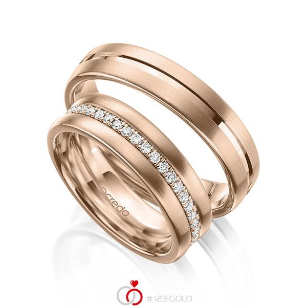 Paar klassische Memoire-Trauringe/Eheringe in Rotgold 585 vollausgefasst mit zus. 0,39 ct. tw, si von acredo - A-2102-5 Paar klassische Memoire-Trauringe/Eheringe in Rotgold 585 vollausgefasst mit zus. 0,39 ct. tw, si von acredo - A-2102-5