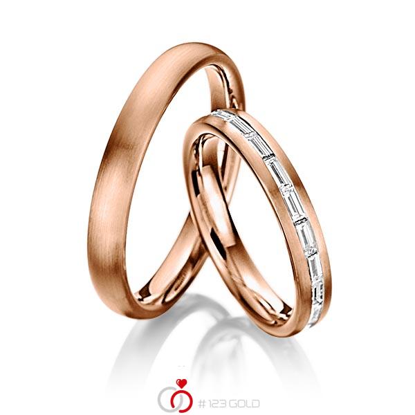 Paar klassische Memoire-Trauringe/Eheringe in Rotgold 585 vollausgefasst mit zus. 1,38 ct. Baguette-Diamant tw, vs von 123gold - Y-1109-6 Paar klassische Memoire-Trauringe/Eheringe in Rotgold 585 vollausgefasst mit zus. 1,38 ct. Baguette-Diamant tw, vs von 123gold - Y-1109-6