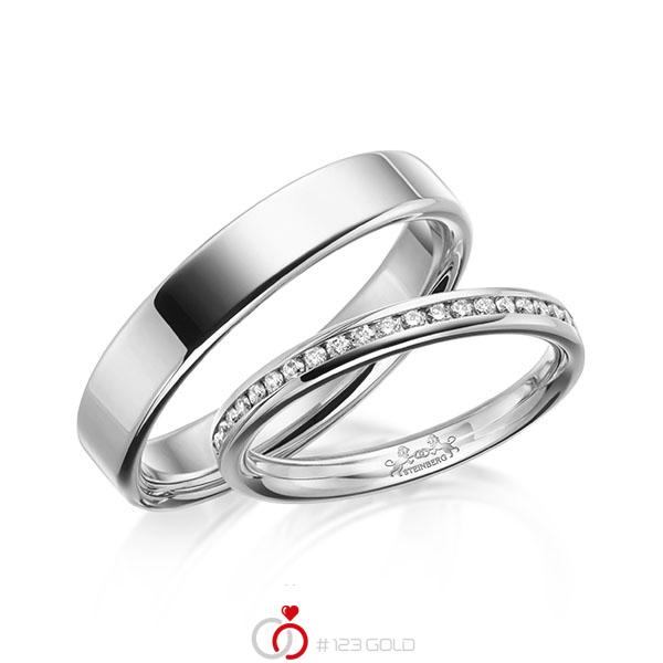 Paar klassische Memoire-Trauringe/Eheringe in Weißgold 585 halbausgefasst mit zus. 0,14 ct. Brillant tw, si von Steinberg - Q-1632-2 Paar klassische Memoire-Trauringe/Eheringe in Weißgold 585 halbausgefasst mit zus. 0,14 ct. Brillant tw, si von Steinberg - Q-1632-2