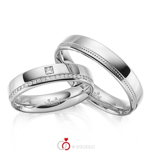 Paar klassische Memoire-Trauringe/Eheringe in Weißgold 585 halbausgefasst mit zus. 0,17 ct. Brillant & Prinzess-Diamant tw, si von Steinberg - Q-1653-4 Paar klassische Memoire-Trauringe/Eheringe in Weißgold 585 halbausgefasst mit zus. 0,17 ct. Brillant & Prinzess-Diamant tw, si von Steinberg - Q-1653-4