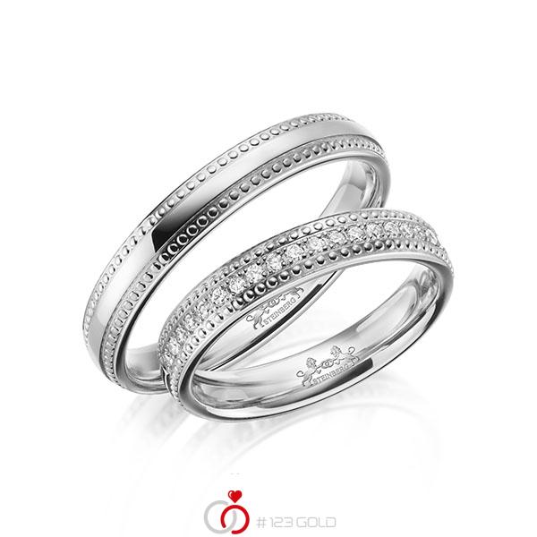 Paar klassische Memoire-Trauringe/Eheringe in Weißgold 585 halbausgefasst mit zus. 0,21 ct. Brillant tw, si von Steinberg - Q-1639-4 Paar klassische Memoire-Trauringe/Eheringe in Weißgold 585 halbausgefasst mit zus. 0,21 ct. Brillant tw, si von Steinberg - Q-1639-4