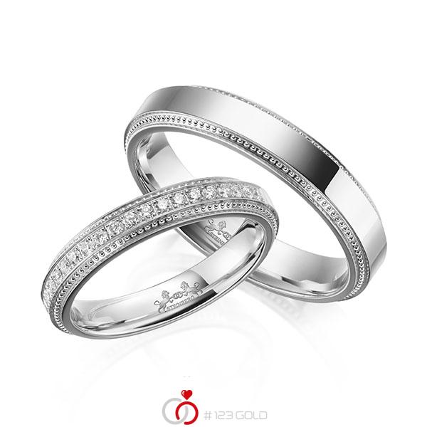 Paar klassische Memoire-Trauringe/Eheringe in Weißgold 585 halbausgefasst mit zus. 0,22 ct. Brillant tw, si von Steinberg - Q-1640-1 Paar klassische Memoire-Trauringe/Eheringe in Weißgold 585 halbausgefasst mit zus. 0,22 ct. Brillant tw, si von Steinberg - Q-1640-1