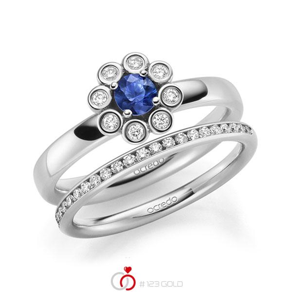 Paar klassische Memoire-Trauringe/Eheringe in Weissgold 585 halbausgefasst mit zus. 0,59 ct. Brillant tw, si Saphir Blau (A 10) von acredo - A-2204-1 Paar klassische Memoire-Trauringe/Eheringe in Weissgold 585 halbausgefasst mit zus. 0,59 ct. Brillant tw, si Saphir Blau (A 10) von acredo - A-2204-1