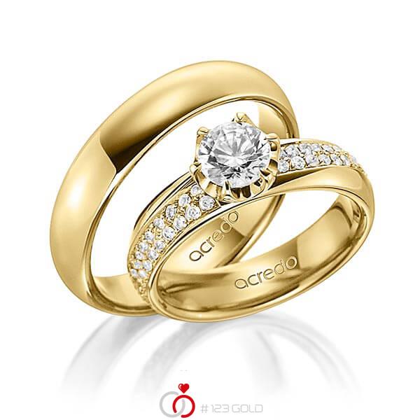 Paar klassische Trauringe/Eheringe in aussen Gelbgold 585 , innen Gelbgold 585 mit 0,7 ct. + zus. 0,672 ct. Brillant tw, si tw, vs von acredo - A-1499-6 Paar klassische Trauringe/Eheringe in aussen Gelbgold 585 , innen Gelbgold 585 mit 0,7 ct. + zus. 0,672 ct. Brillant tw, si tw, vs von acredo - A-1499-6