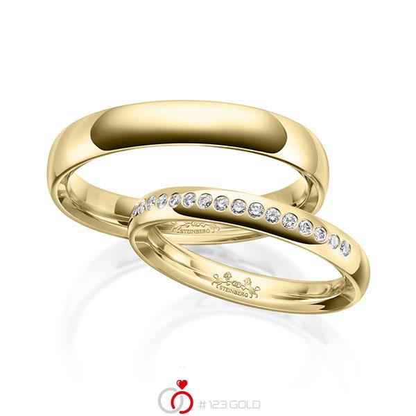 Paar klassische Trauringe/Eheringe in außen Gelbgold 585 , innen Gelbgold 585 mit zus. 0,16 ct. Brillant tw, si von Steinberg - Q-1637-4 Paar klassische Trauringe/Eheringe in außen Gelbgold 585 , innen Gelbgold 585 mit zus. 0,16 ct. Brillant tw, si von Steinberg - Q-1637-4