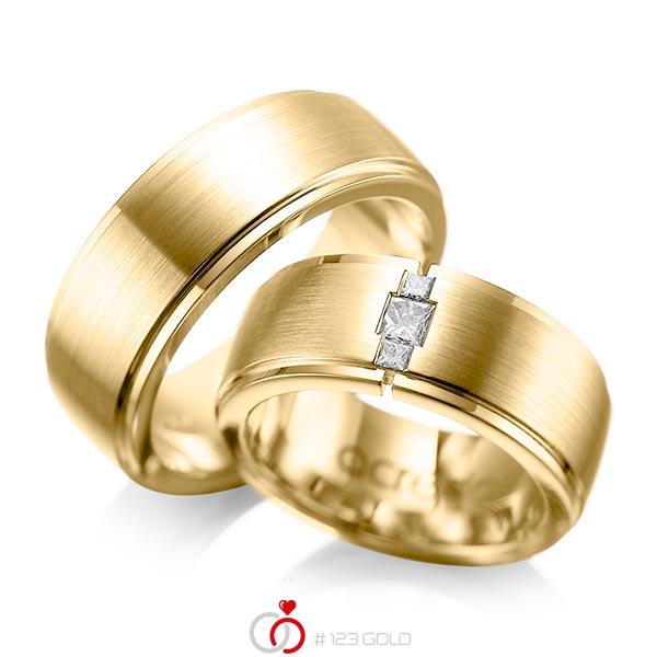 Paar klassische Trauringe/Eheringe in außen Gelbgold 585 , innen Gelbgold 585 mit zus. 0,21 ct. Prinzess-Diamant tw, si von acredo - A-1087-9 Paar klassische Trauringe/Eheringe in außen Gelbgold 585 , innen Gelbgold 585 mit zus. 0,21 ct. Prinzess-Diamant tw, si von acredo - A-1087-9