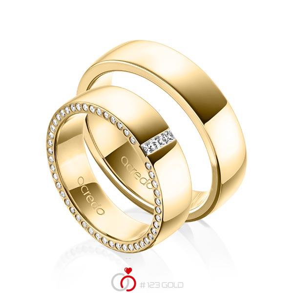 Paar klassische Trauringe/Eheringe in aussen Gelbgold 585 , innen Gelbgold 585 mit zus. 0,325 ct. Prinzess-Diamant & Brillant tw, si von acredo - A-1539-7 Paar klassische Trauringe/Eheringe in aussen Gelbgold 585 , innen Gelbgold 585 mit zus. 0,325 ct. Prinzess-Diamant & Brillant tw, si von acredo - A-1539-7