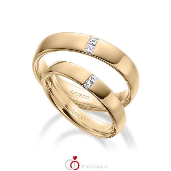 Paar klassische Trauringe/Eheringe in aussen Roségold 585 , innen Roségold 585 mit zus. 0,18 ct. Prinzess-Diamant tw, si von acredo - A-1944-5 Paar klassische Trauringe/Eheringe in aussen Roségold 585 , innen Roségold 585 mit zus. 0,18 ct. Prinzess-Diamant tw, si von acredo - A-1944-5