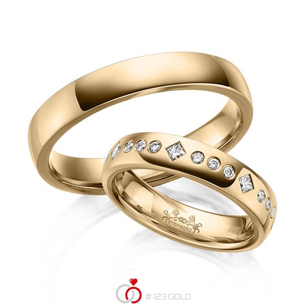Paar klassische Trauringe/Eheringe in außen Roségold 585 , innen Roségold 585 mit zus. 0,42 ct. Prinzess-Diamant & Brillant tw, si von Steinberg - Q-1628-7 Paar klassische Trauringe/Eheringe in außen Roségold 585 , innen Roségold 585 mit zus. 0,42 ct. Prinzess-Diamant & Brillant tw, si von Steinberg - Q-1628-7