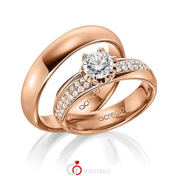 Paar klassische Trauringe/Eheringe in aussen Rotgold 585 , innen Rotgold 585 mit 0,7 ct. + zus. 0,672 ct. Brillant tw, si tw, vs von acredo - A-1499-5 Paar klassische Trauringe/Eheringe in aussen Rotgold 585 , innen Rotgold 585 mit 0,7 ct. + zus. 0,672 ct. Brillant tw, si tw, vs von acredo - A-1499-5