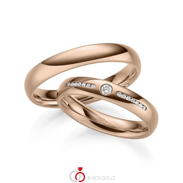 Paar klassische Trauringe/Eheringe in außen Rotgold 585 , innen Rotgold 585 mit zus. 0,12 ct. Brillant tw, si - UQ-1009-9 Paar klassische Trauringe/Eheringe in außen Rotgold 585 , innen Rotgold 585 mit zus. 0,12 ct. Brillant tw, si - UQ-1009-9