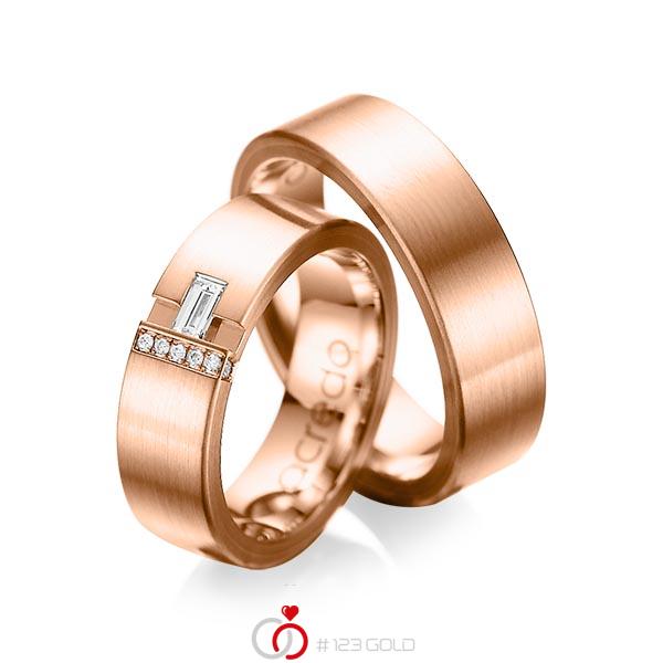 Paar klassische Trauringe/Eheringe in aussen Rotgold 585 , innen Rotgold 585 mit zus. 0,155 ct. Baguette-Diamant & Brillant tw, vs tw, si von acredo - A-1066-9 Paar klassische Trauringe/Eheringe in aussen Rotgold 585 , innen Rotgold 585 mit zus. 0,155 ct. Baguette-Diamant & Brillant tw, vs tw, si von acredo - A-1066-9