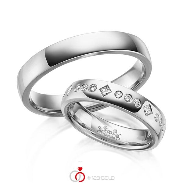 Paar klassische Trauringe/Eheringe in außen Weißgold 585 , innen Weißgold 585 mit zus. 0,42 ct. Prinzess-Diamant & Brillant tw, si von Steinberg - Q-1628-4 Paar klassische Trauringe/Eheringe in außen Weißgold 585 , innen Weißgold 585 mit zus. 0,42 ct. Prinzess-Diamant & Brillant tw, si von Steinberg - Q-1628-4