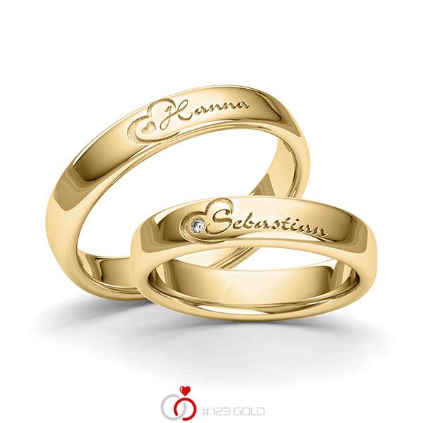 Paar klassische Trauringe/Eheringe in Gelbgold 585 Herz mit zus. 0,01 ct. Brillant tw, si von 123gold - Y-1413-3 Paar klassische Trauringe/Eheringe in Gelbgold 585 Herz mit zus. 0,01 ct. Brillant tw, si von 123gold - Y-1413-3