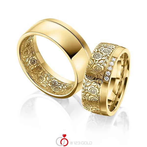 Paar klassische Trauringe/Eheringe in Gelbgold 585 Laser Struktur mit zus. 0,05 ct. Brillant tw, si von 123gold - Y-1384-6 Paar klassische Trauringe/Eheringe in Gelbgold 585 Laser Struktur mit zus. 0,05 ct. Brillant tw, si von 123gold - Y-1384-6