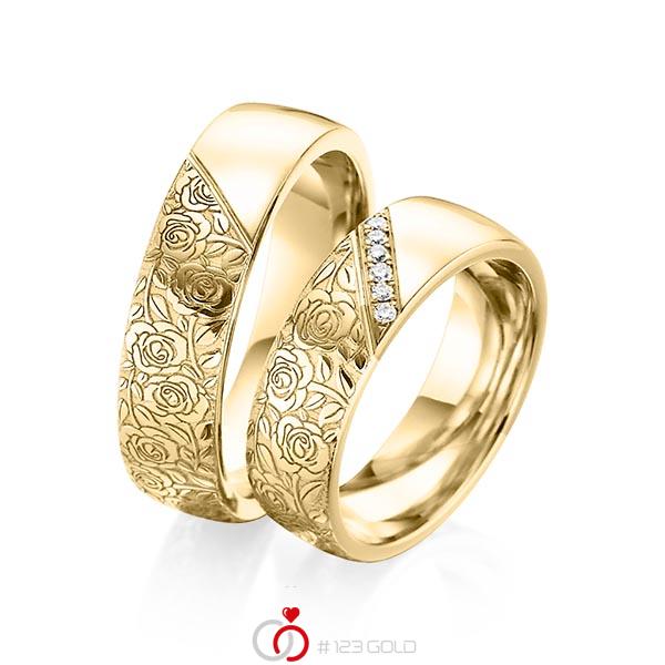 Paar klassische Trauringe/Eheringe in Gelbgold 585 Laser Struktur mit zus. 0,06 ct. Brillant tw, si von 123gold - Y-1382-6 Paar klassische Trauringe/Eheringe in Gelbgold 585 Laser Struktur mit zus. 0,06 ct. Brillant tw, si von 123gold - Y-1382-6