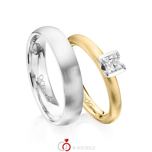 Paar klassische Trauringe/Eheringe in Gelbgold 585 mit 0,4 ct. Prinzess-Diamant tw, vs von acredo - A-1372-2 Paar klassische Trauringe/Eheringe in Gelbgold 585 mit 0,4 ct. Prinzess-Diamant tw, vs von acredo - A-1372-2
