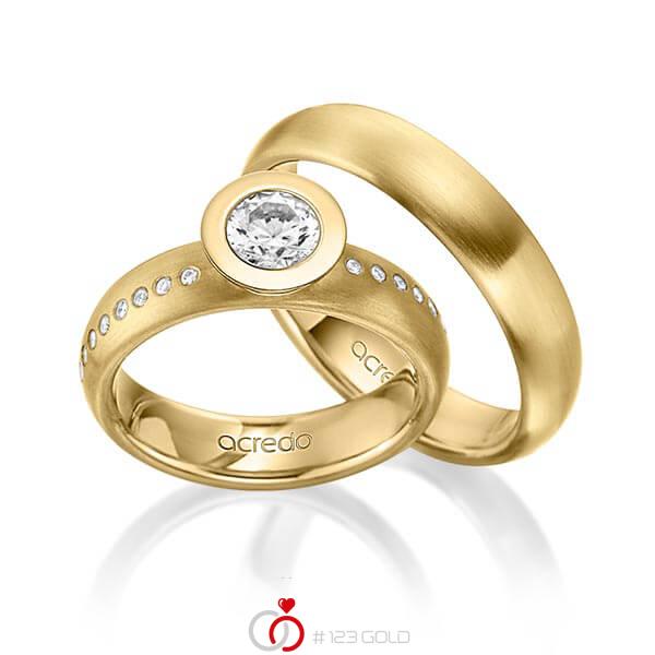 Paar klassische Trauringe/Eheringe in Gelbgold 585 mit 0,4 ct. + zus. 0,175 ct. Brillant tw, vs tw, si von acredo - A-1538-6 Paar klassische Trauringe/Eheringe in Gelbgold 585 mit 0,4 ct. + zus. 0,175 ct. Brillant tw, vs tw, si von acredo - A-1538-6