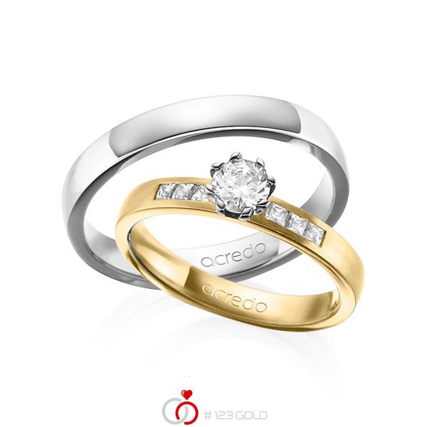 Paar klassische Trauringe/Eheringe in Gelbgold 585 mit 0,4 ct. + zus. 0,18 ct. Prinzess-Diamant & Brillant tw, si tw, vs von acredo - A-1379-11 Paar klassische Trauringe/Eheringe in Gelbgold 585 mit 0,4 ct. + zus. 0,18 ct. Prinzess-Diamant & Brillant tw, si tw, vs von acredo - A-1379-11