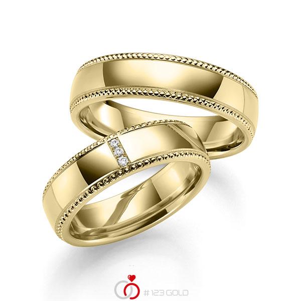 Paar klassische Trauringe/Eheringe in Gelbgold 585 mit zus. 0,015 ct. Brillant tw, si von 123gold - Y-1436-7 Paar klassische Trauringe/Eheringe in Gelbgold 585 mit zus. 0,015 ct. Brillant tw, si von 123gold - Y-1436-7