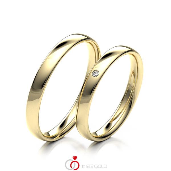 Paar klassische Trauringe/Eheringe in Gelbgold 585 mit zus. 0,01 ct. Brillant tw, si - NP-1196-2 Paar klassische Trauringe/Eheringe in Gelbgold 585 mit zus. 0,01 ct. Brillant tw, si - NP-1196-2