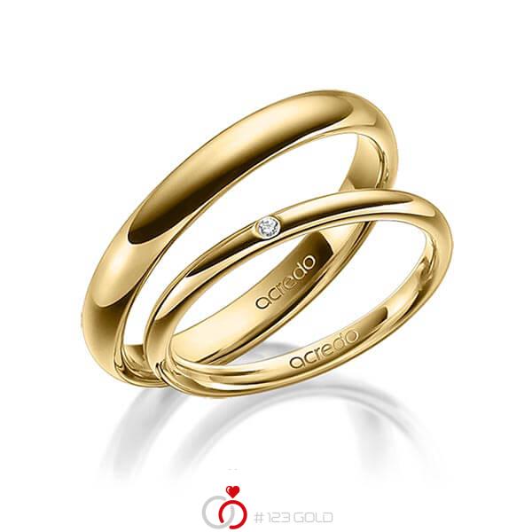 Paar klassische Trauringe/Eheringe in Gelbgold 585 mit zus. 0,01 ct. Brillant tw, si von acredo - A-1397-2 Paar klassische Trauringe/Eheringe in Gelbgold 585 mit zus. 0,01 ct. Brillant tw, si von acredo - A-1397-2