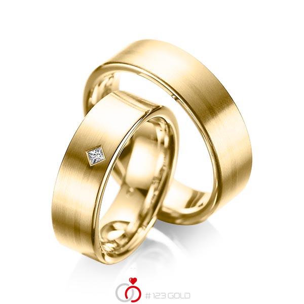 Paar klassische Trauringe/Eheringe in Gelbgold 585 mit zus. 0,03 ct. Prinzess-Diamant tw, si von acredo - A-1060-4 Paar klassische Trauringe/Eheringe in Gelbgold 585 mit zus. 0,03 ct. Prinzess-Diamant tw, si von acredo - A-1060-4