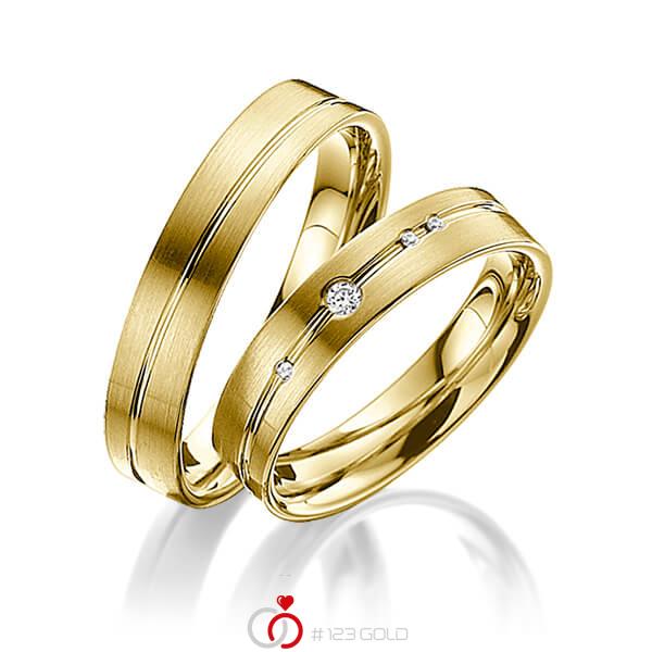 Paar klassische Trauringe/Eheringe in Gelbgold 585 mit zus. 0,045 ct. Brillant tw, si von acredo - A-3007-4 Paar klassische Trauringe/Eheringe in Gelbgold 585 mit zus. 0,045 ct. Brillant tw, si von acredo - A-3007-4
