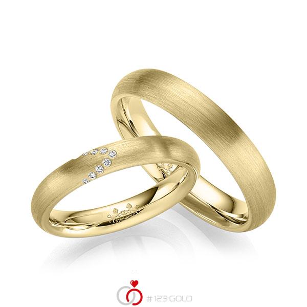 Paar klassische Trauringe/Eheringe in Gelbgold 585 mit zus. 0,045 ct. Brillant tw, si von Steinberg - Q-1673-1 Paar klassische Trauringe/Eheringe in Gelbgold 585 mit zus. 0,045 ct. Brillant tw, si von Steinberg - Q-1673-1