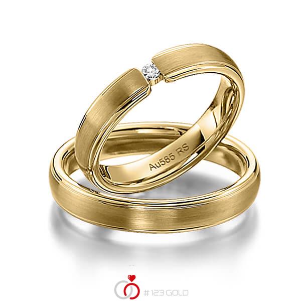 Paar klassische Trauringe/Eheringe in Gelbgold 585 mit zus. 0,04 ct. Brillant tw, si von acredo - S-1133-2 Paar klassische Trauringe/Eheringe in Gelbgold 585 mit zus. 0,04 ct. Brillant tw, si von acredo - S-1133-2